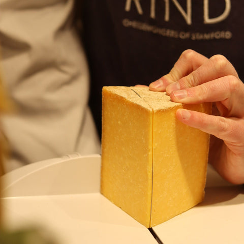 Rennet & Rind Cheesemonger hand cutting Applebys Red Cheshire, British Artisan Cheese 