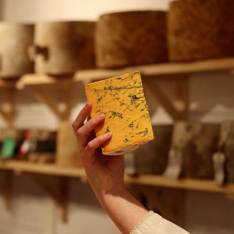 Cropwell Bishop Shropshire Blue British artisan cheese held by a Rennet & Rind cheesemonger.