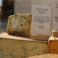 British Artisan Blue cheese, Stichelton displayed on cheese counter at Rennet & Rind.